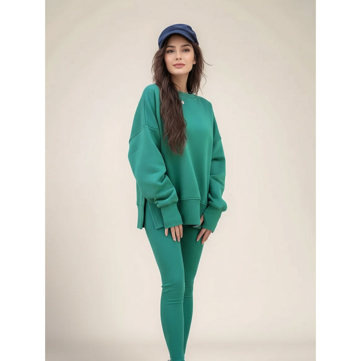 Damen gemütliches Sportset mit lockerem Sweatshirt und enganliegenden Leggings Drune