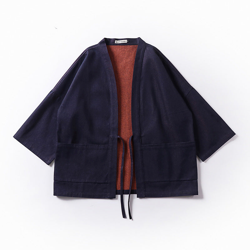 Unisex weit geschnittene Kimono-Jacke aus Baumwoll-Denim mit Bindeband und großen Aufgesetzten Taschen Drune