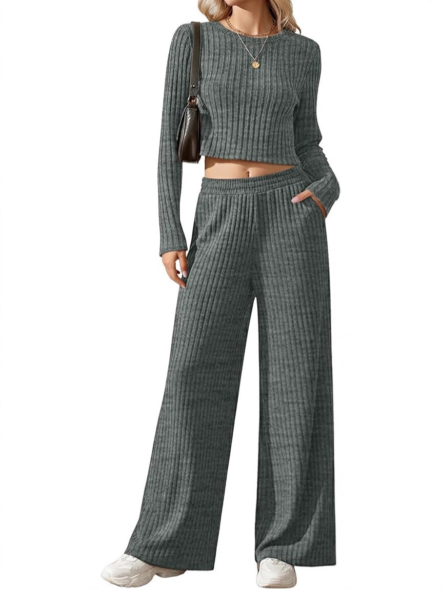 Damen Geripptes Feinstrick-Lounge-Set mit Cropped Langarmtop und High-Waist Palazzohose Drune