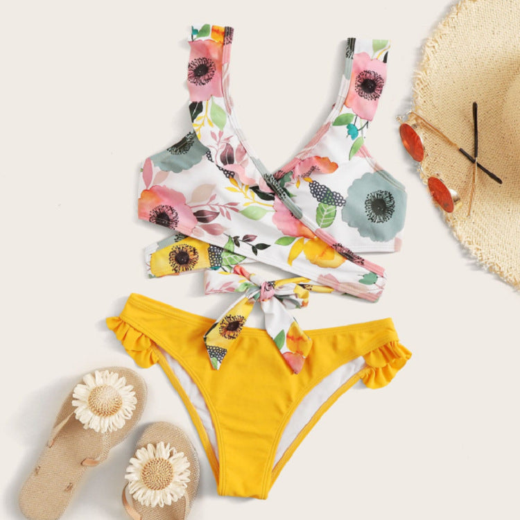 Damen Zweiteiliges Blumen-Bikini-Set mit tailliertem Oberteil und Rüschenslip Drune