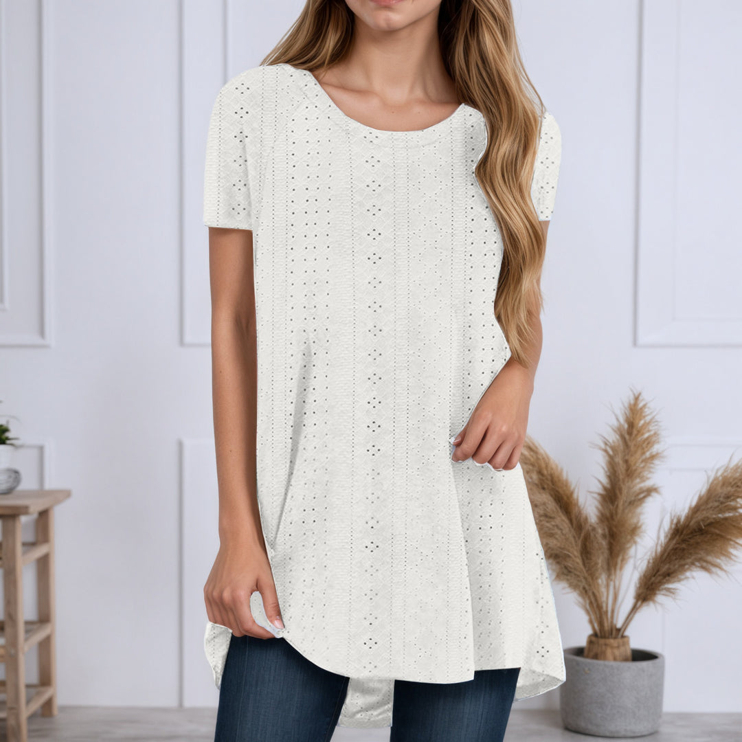 Damen nan locker geschnittene Broderie-Anglaise Tunika mit Rundhalsausschnitt, seitlichen Schlitzen und abgerundetem Saum Drune
