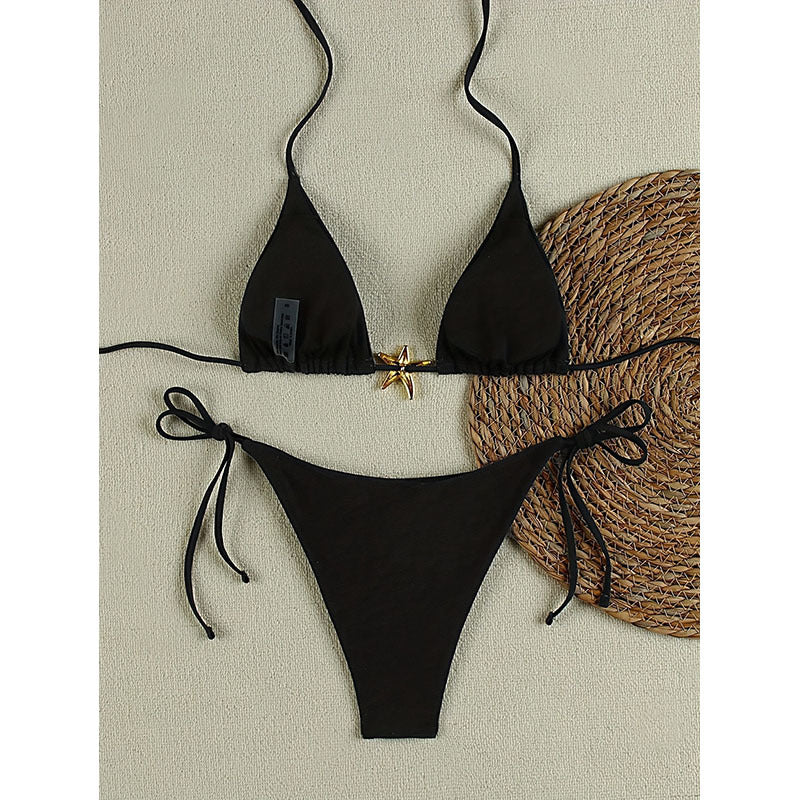 Damen Triangel-Bikini mit goldenen Akzenten und verstellbaren Trägern Drune
