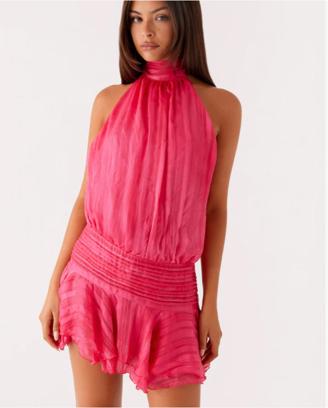 Damen Neckholder Minikleid mit Rüschensaum und gepolstertem Oberteil Drune