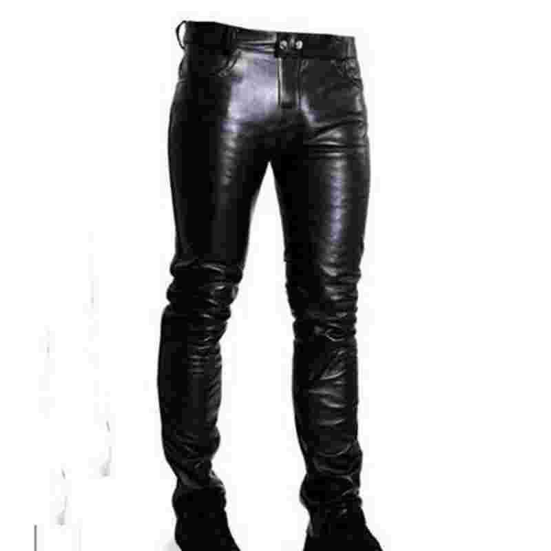 Herren Eng anliegende Hose in Lederoptik mit schmaler Silhouette und Druckknopfbund Drune