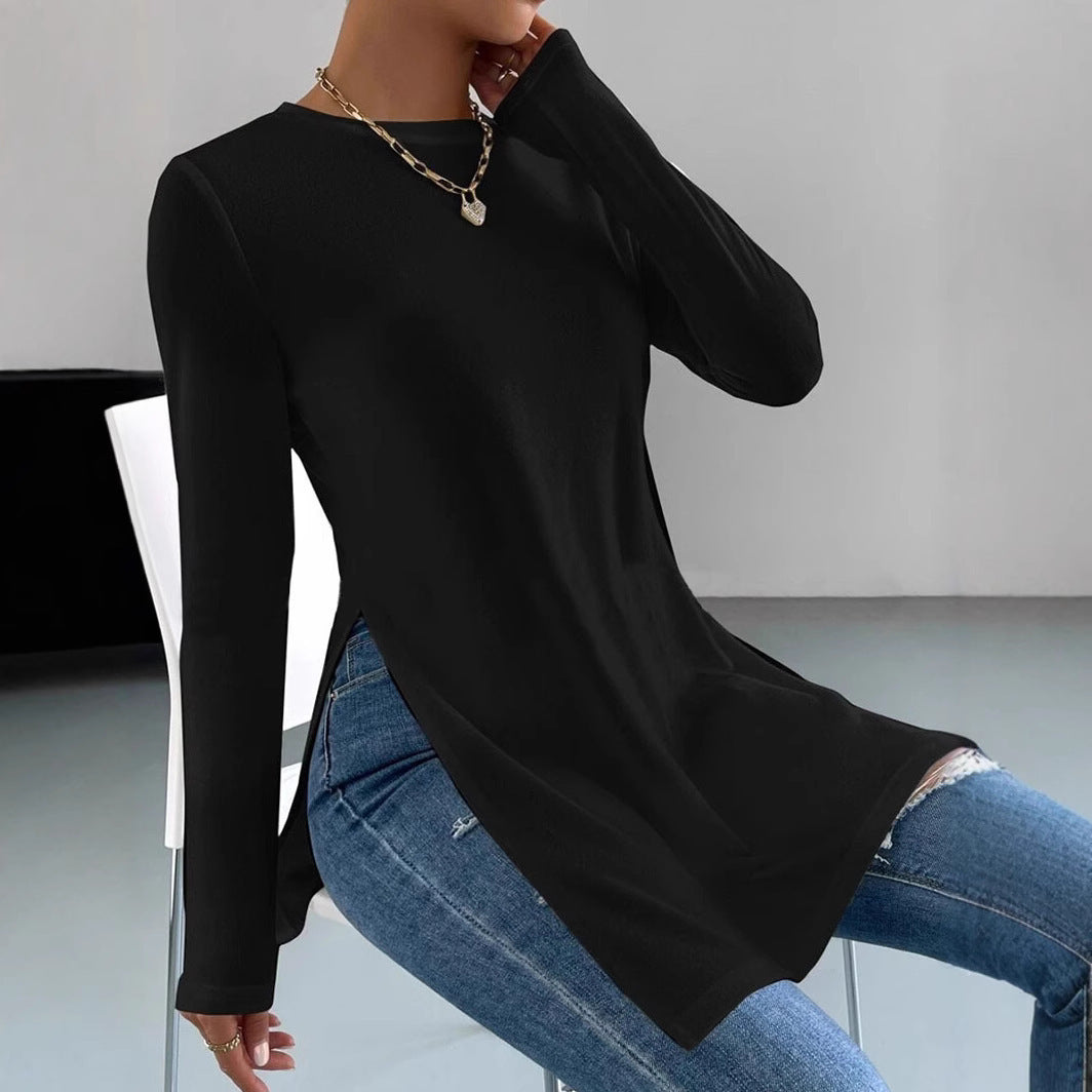 Damen Langes Feinstrick-Tunika-Shirt mit Seitenschlitzen und gerundetem Saum Drune