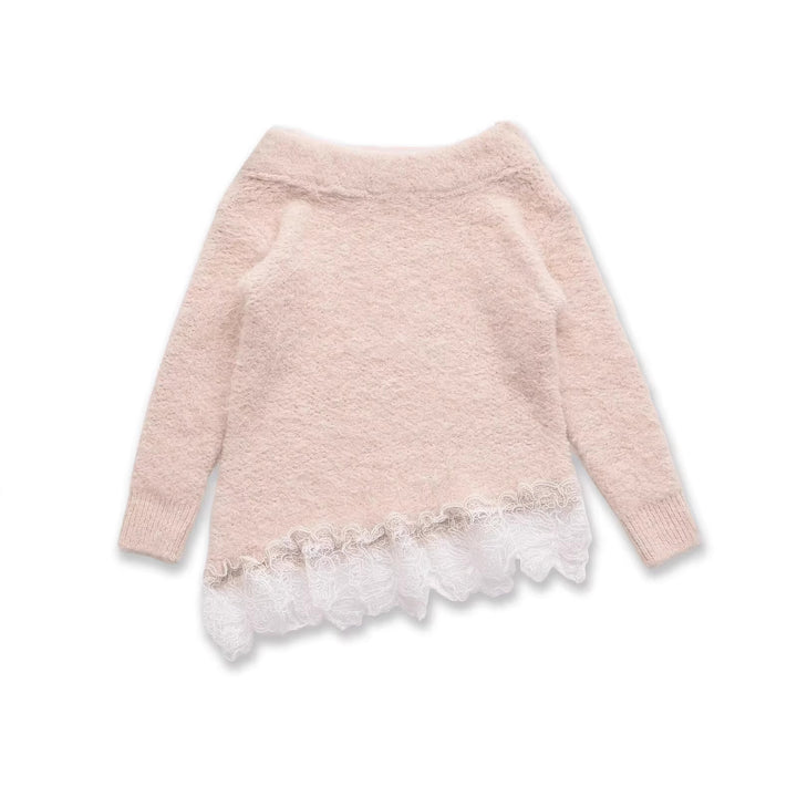 Damen Flauschiger Strickpullover mit Carmenausschnitt und Spitzenbesatz Drune