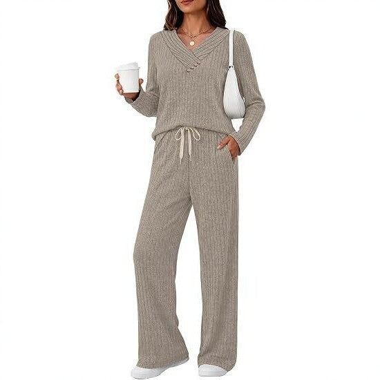 Damen Weiches Rippstrick-Lounge-Set mit V-Ausschnitt und Kordelbund Drune