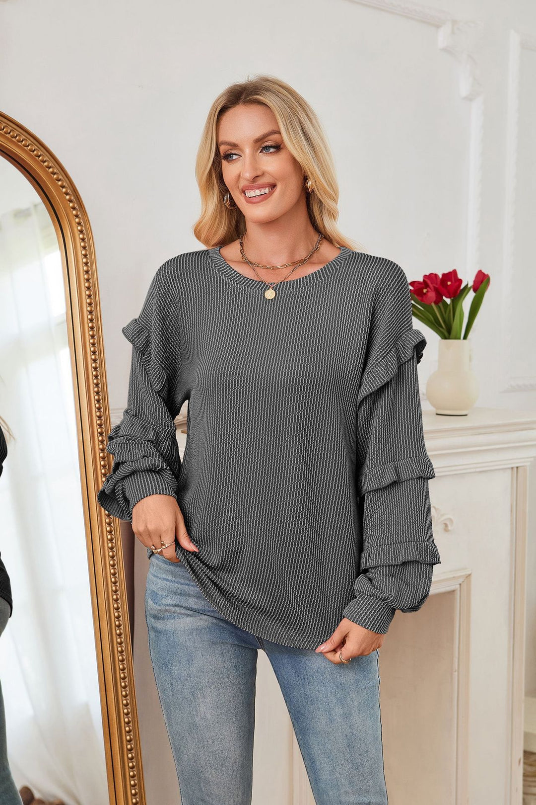 Damen lässiges Oberteil mit Rüschendetails und strukturiertem Design Drune