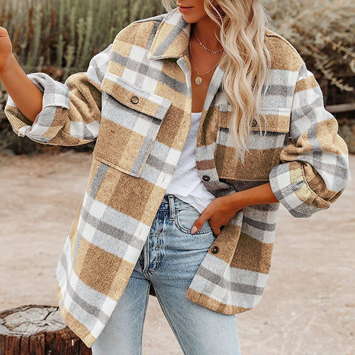 Damen karierte Flanelljacke mit lässigem Schnitt und aufgesetzten Taschen Drune