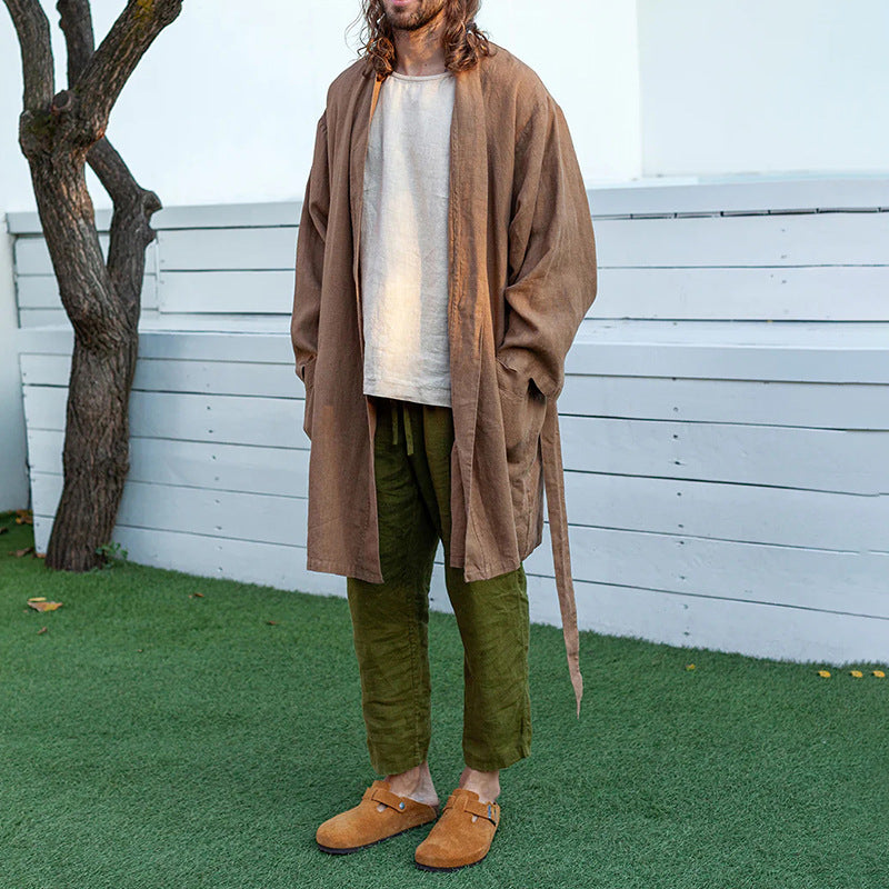 Herren Langer Leinen-Kimono-Mantel im Relaxed Fit mit Bindegürtel Drune