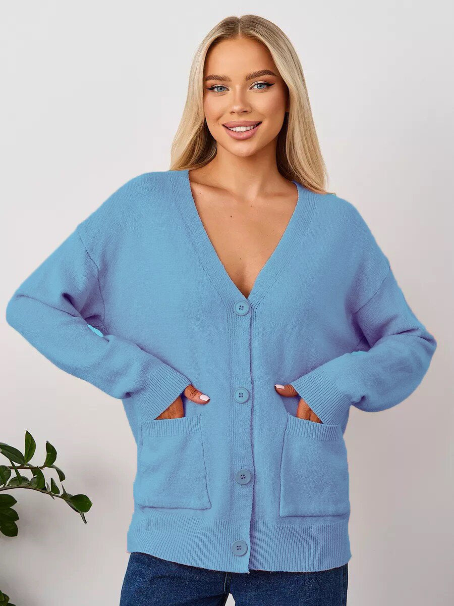 Damen Grobstrick-Cardigan mit tiefem V-Ausschnitt und praktischen Taschen Drune