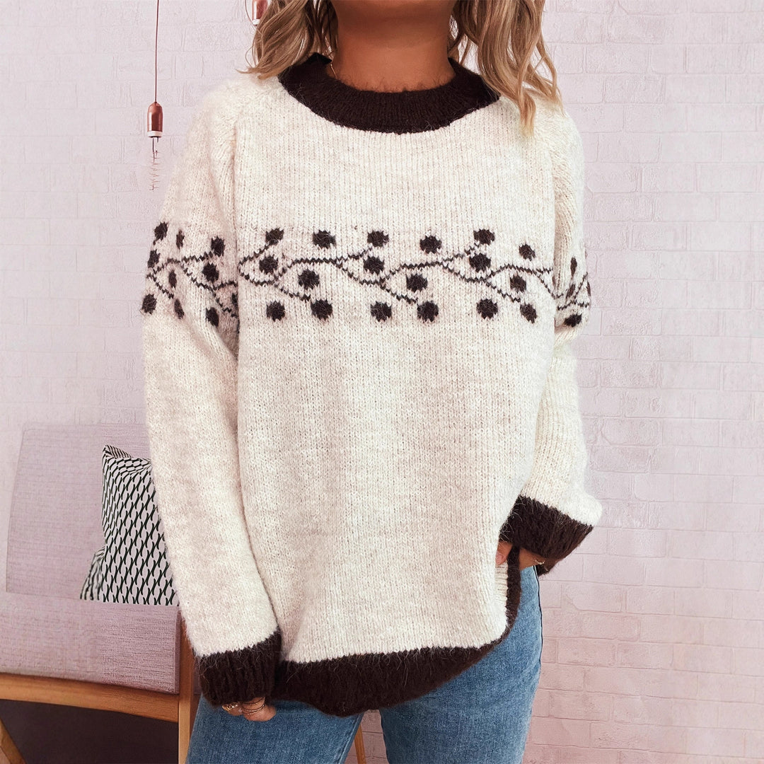 Damen modischer Strickpullover mit handgewebtem Blumenmuster Drune