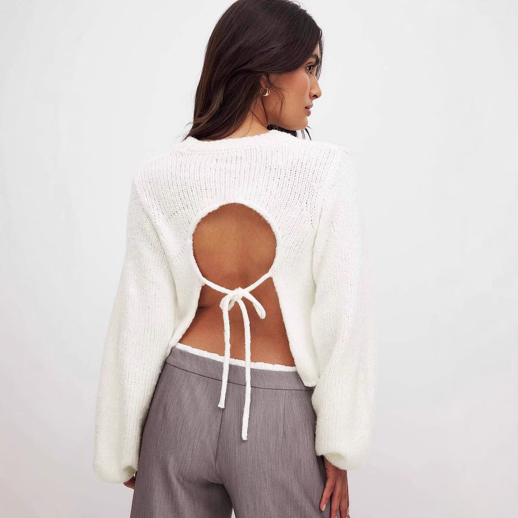 Damen lässiger Strickpullover mit elegantem Rückenausschnitt und Knoten Drune