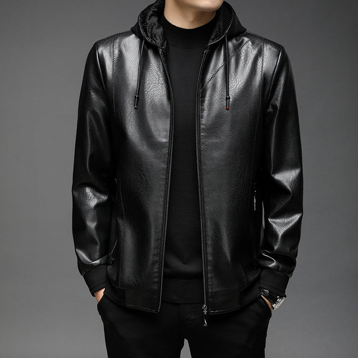 Herren Kapuzen-Lederimitat-Blouson mit Reißverschluss und elastischen Bündchen Drune