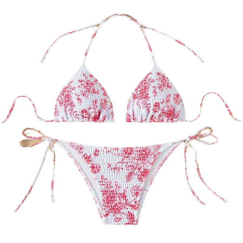 Damen Triangelbikini mit verspieltem Blütenmuster und einstellbaren Bindebändern Drune