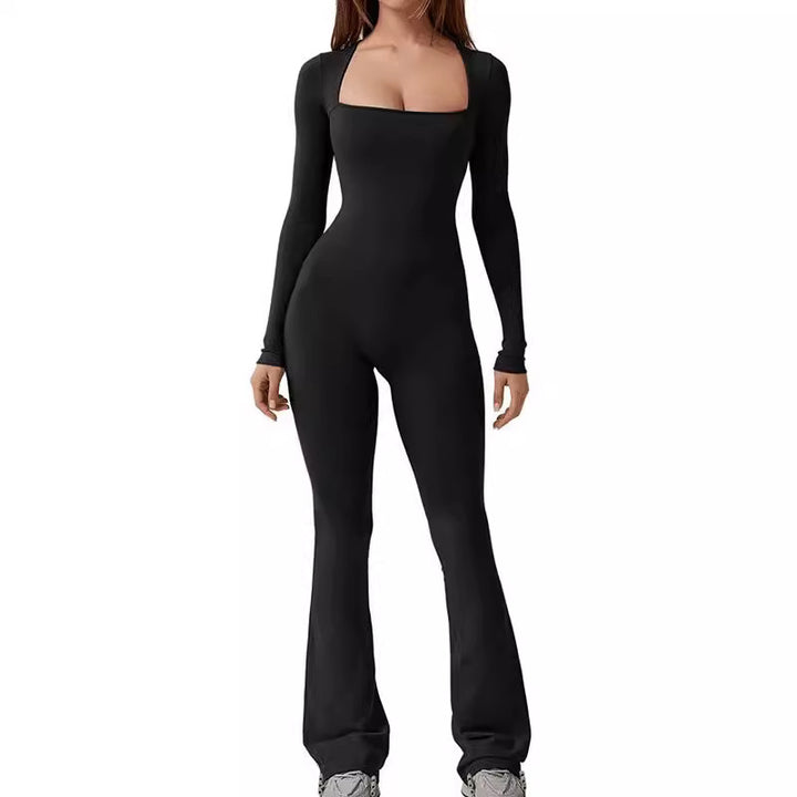 Damen nan figurbetonter Langarm-Jumpsuit mit quadratischem Ausschnitt und ausgestellter Schlaghose Drune