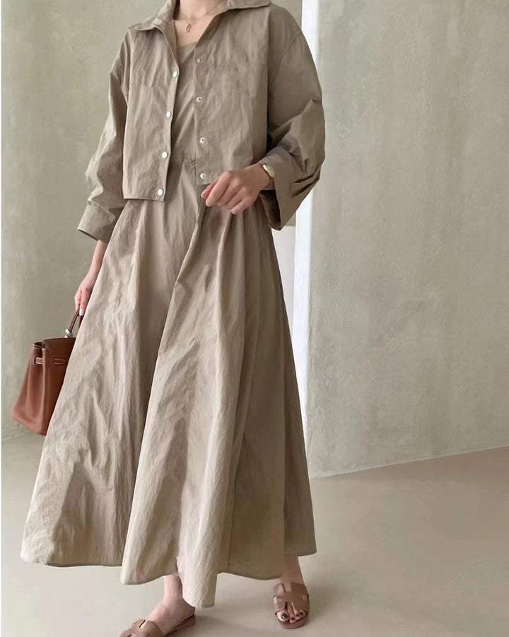Damen Boxy-Cropped-Hemdjacke und High‑Waist A‑Linien‑Midirock Set aus Crinkle‑Baumwollmix Drune