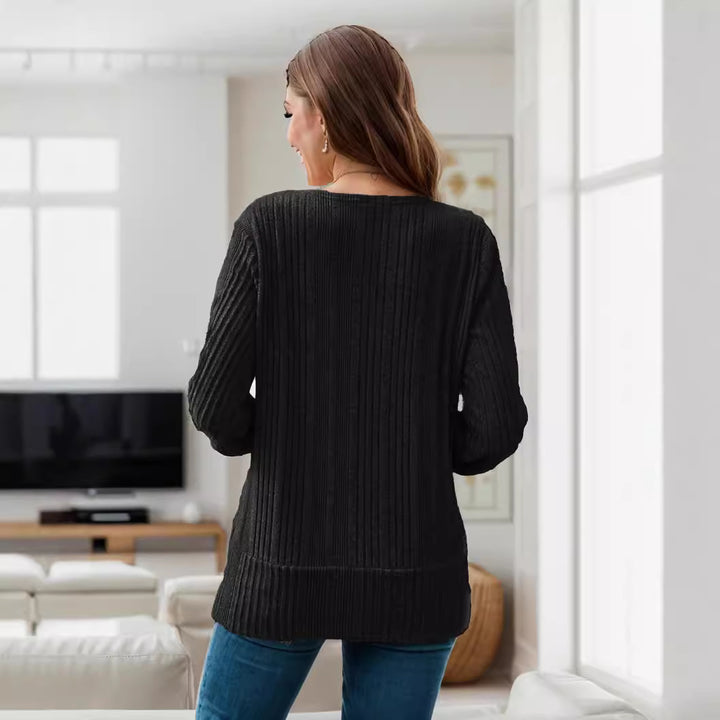 Damen lässiger Strickpullover mit tiefem V-Ausschnitt und Rippenstruktur Drune