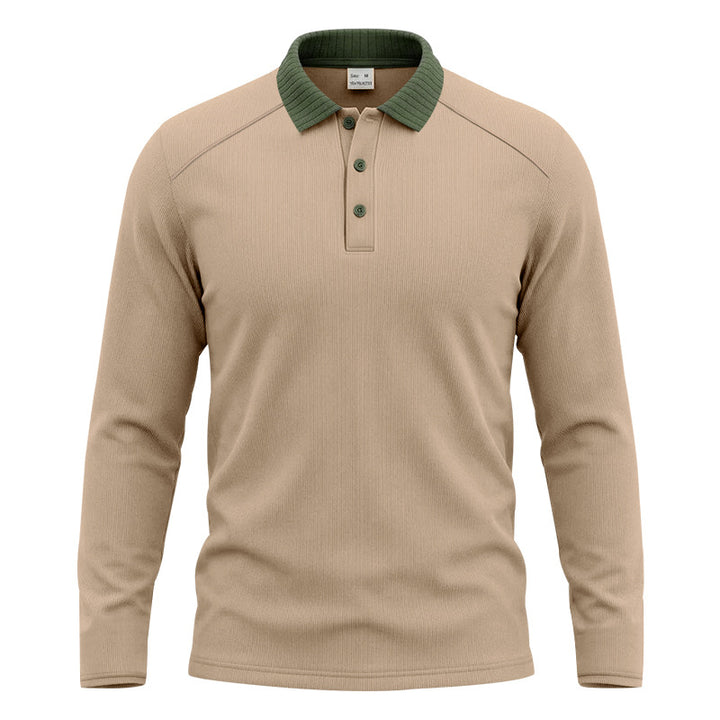 Herren Langarm-Poloshirt mit gerippter Kontrastkragen und feiner Waffelstruktur Drune