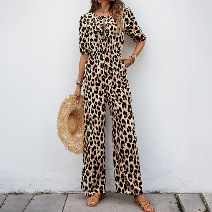 Damen lässiger Jumpsuit mit Leo-Muster und schulterfreien Puffärmeln Drune
