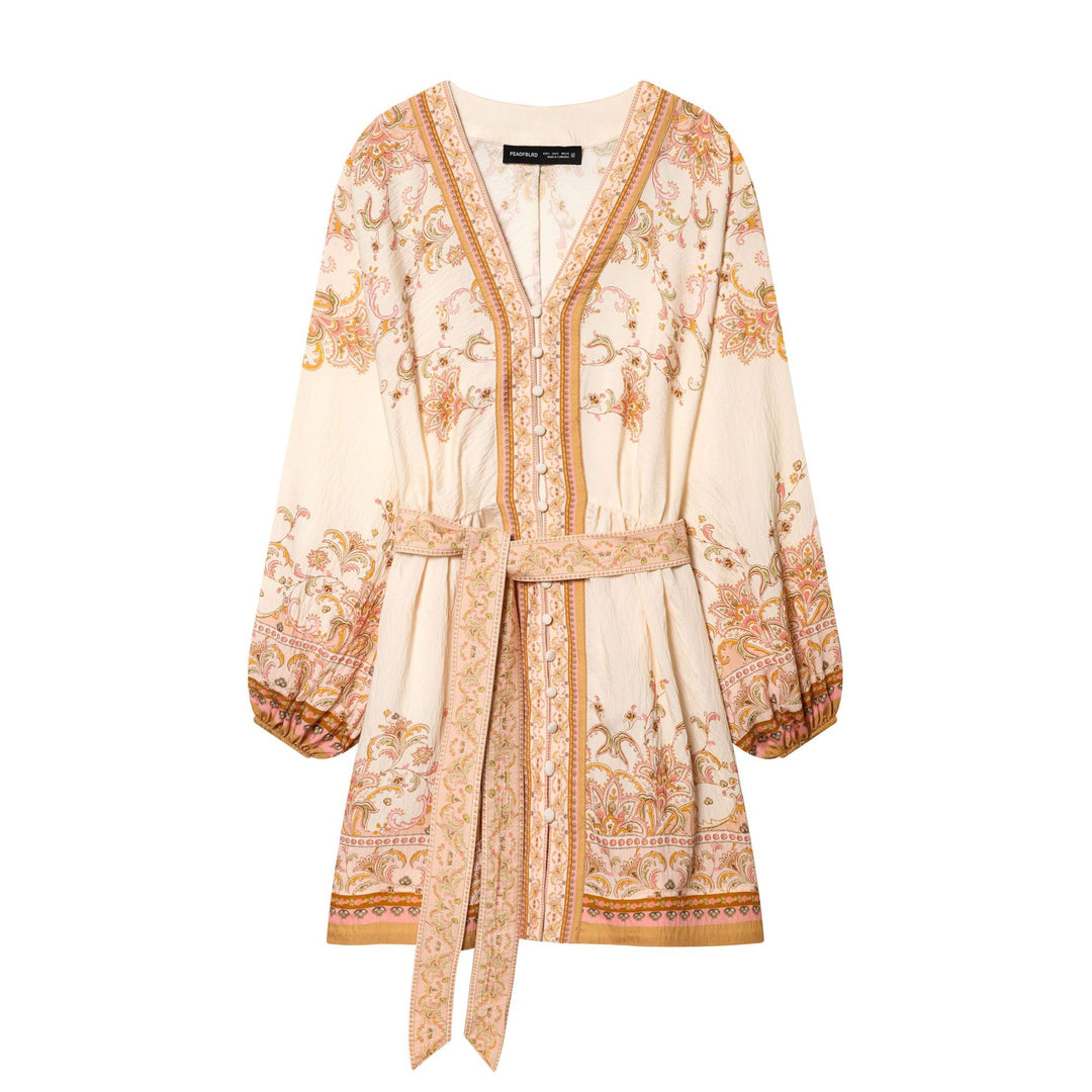 Damen nan besticktes Boho-Minikleid mit tiefem V-Ausschnitt, durchgehender Knopfleiste, taillierendem Bindegürtel und ballonärmeln Drune