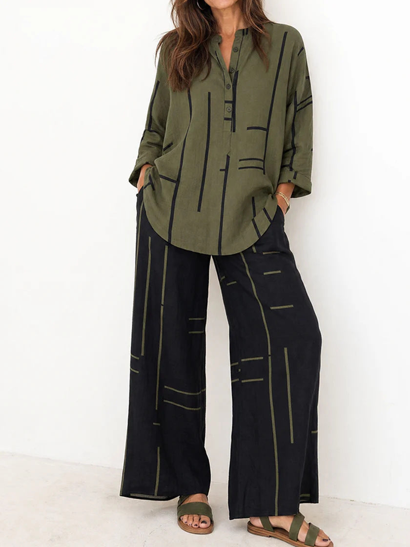 Damen Lockeres Hemdblusen- und Palazzo-Hose-Set aus Leinenoptik Drune