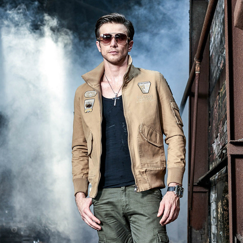 Herren nan Field‑Bomberjacke im Pilotenstil mit gestickten Emblemen, Rippenkragen und multifunktionaler Ärmeltasche Drune