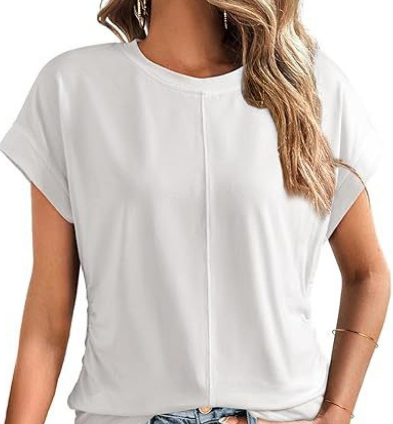 Damen Relaxed-Fit Kurzarmshirt mit dekorativer Mittelnähte und Umschlagärmeln Drune