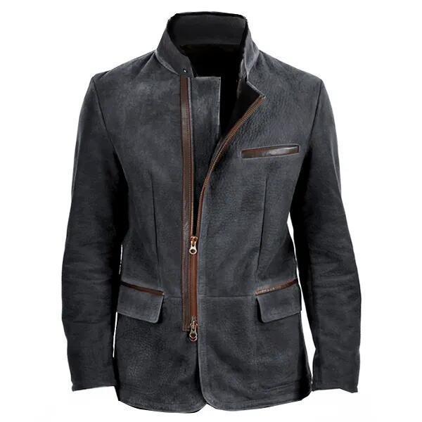Herren Lederjacke mit hohem Stehkragen und asymmetrischem Zweiwege-Reißverschluss Drune