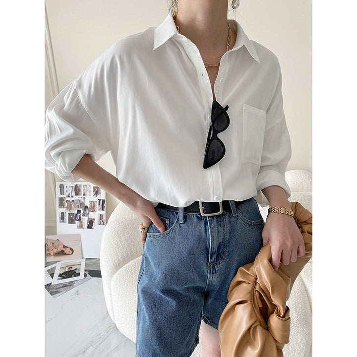 Damen lässige oversized Hemdbluse aus atmungsaktivem Baumwollmix mit Brusttasche Drune