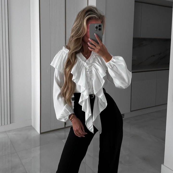 Damen Elegantes Blusenoberteil mit voluminösen Rüschen und schmeichelndem Schnitt Drune