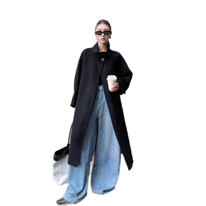 Damen Oversize Wollmantel mit Stehkragen und großen Pattentaschen Drune