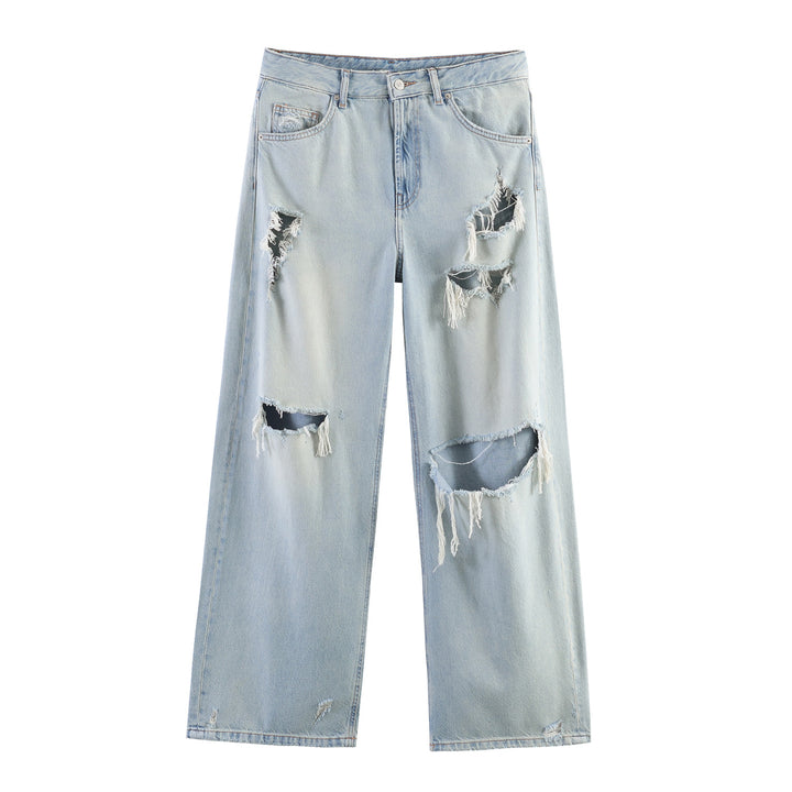Damen nan weite Destroyed-Jeans mit hoher Bundführung, ausgefransten Cut‑outs und weitem Bein Drune