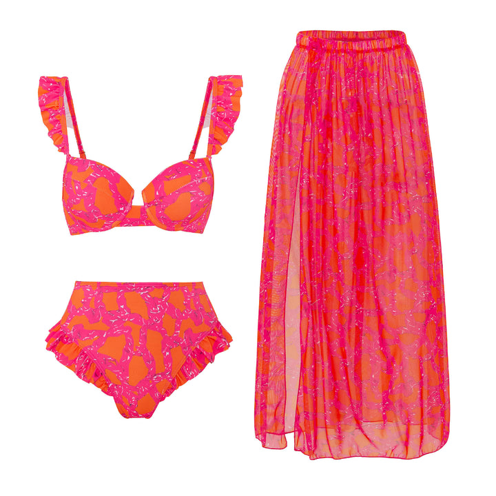 Damen Bikini-Set mit rüschenverziertem Oberteil und hoch taillierter Hose Drune