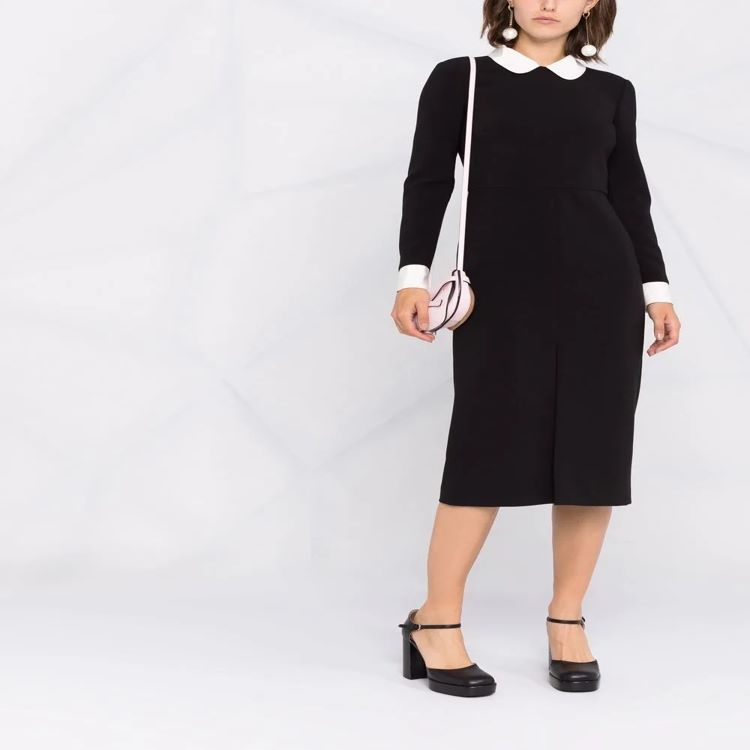 Damen Midikleid mit Peter-Pan-Kragen, tailliertem Schnitt und langen Ärmeln Drune