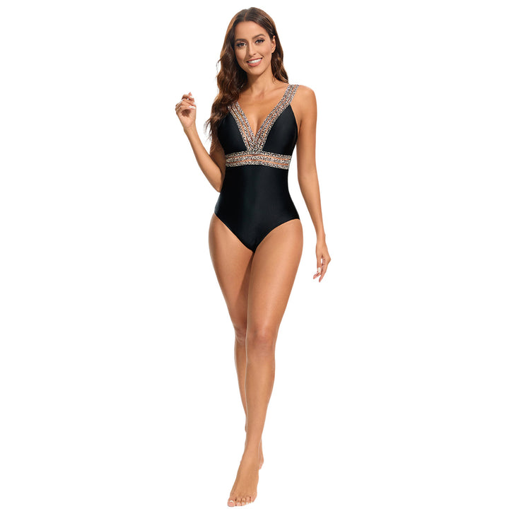 Damen Eleganter Einteiler Badeanzug mit tiefem V-Ausschnitt und funkelnden Akzenten Drune