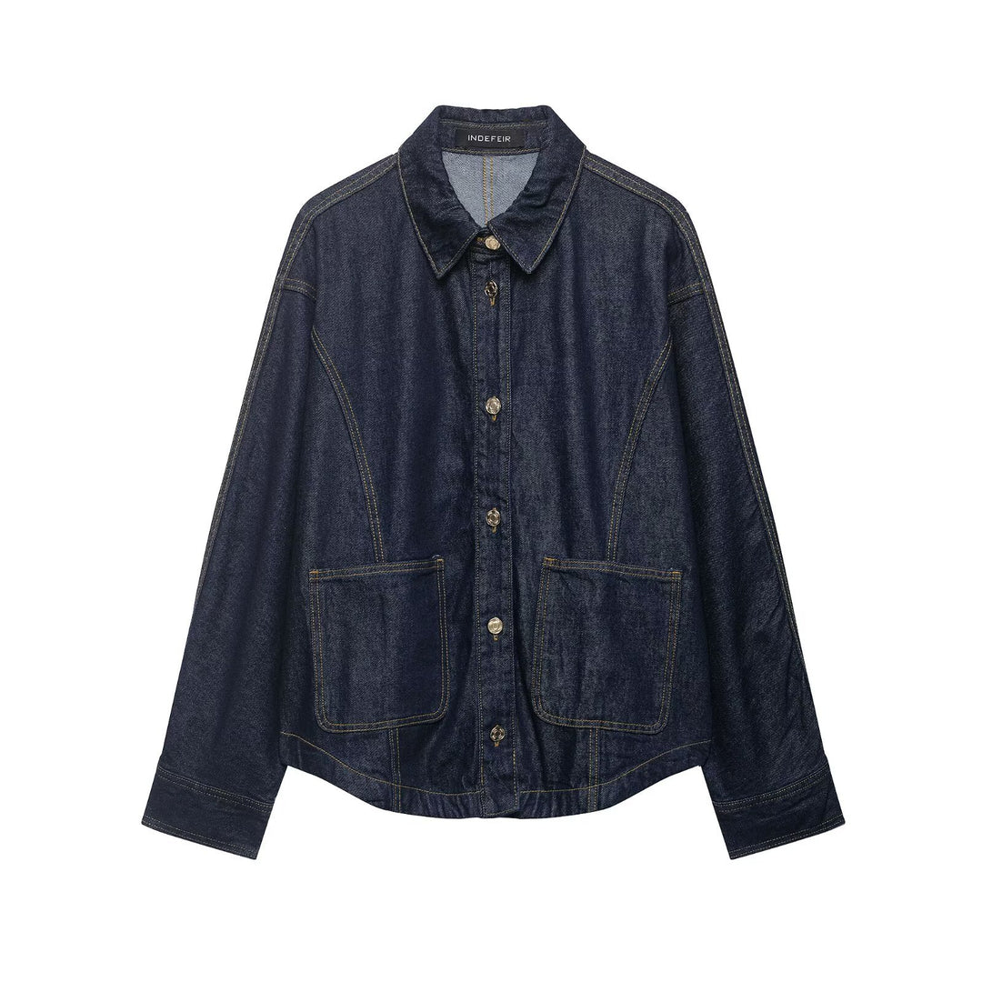 Damen Oversize-Denimjacke mit aufgesetzten Taschen und Ziernähten Drune