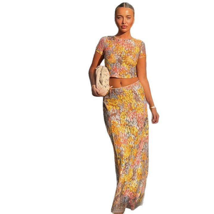 Damen elegantes Zweiteiler-Set mit floralem Muster und figurbetonter Silhouette Drune