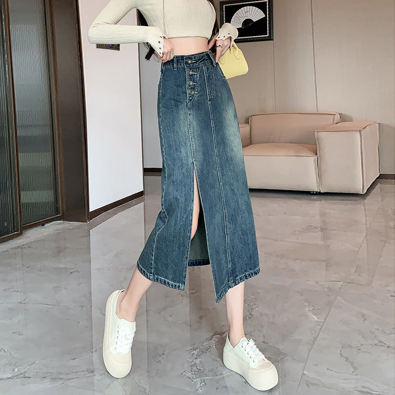 Damen Langer Denim-Rock mit Frontschlitz Drune