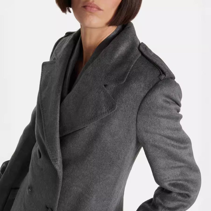 Damen Bodenlanger Zweireihiger Mantel im Vintage-Tailoring mit breitem Schalkragen Drune
