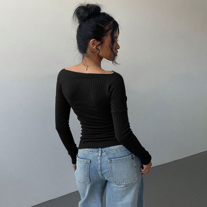 Damen schulterfreies geripptes Langarmshirt mit taillierter Raffung und figurbetontem Stretch Drune