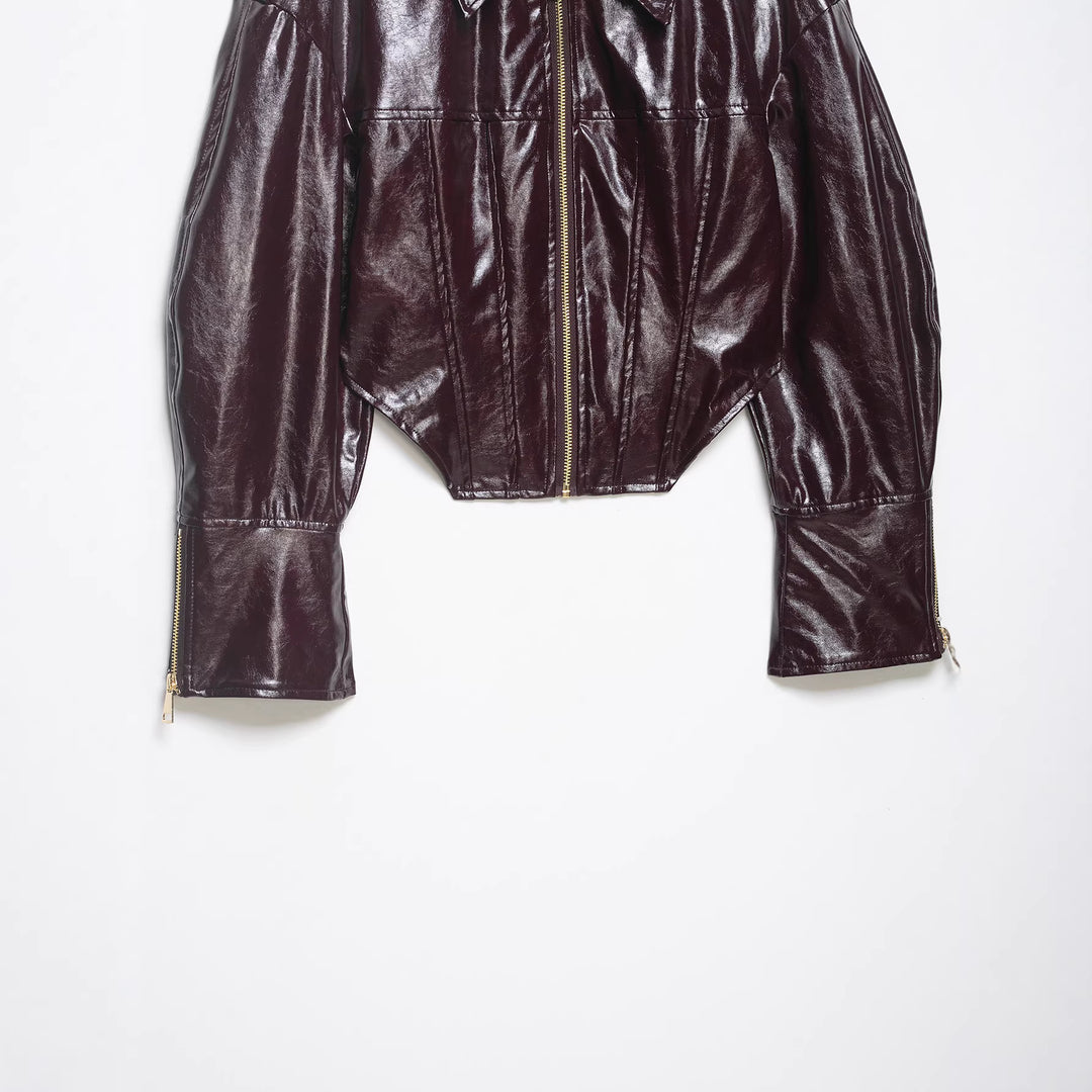 Damen Glänzende Cropped Bikerjacke in Lackoptik mit Schulterklappen und Zip-Ärmeln Drune
