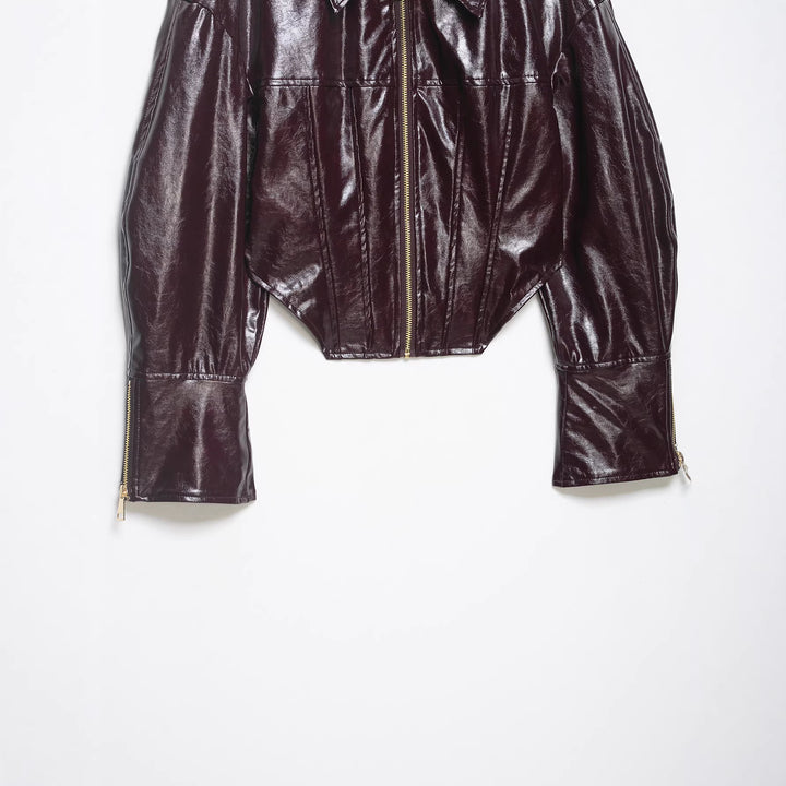 Damen Glänzende Cropped Bikerjacke in Lackoptik mit Schulterklappen und Zip-Ärmeln Drune