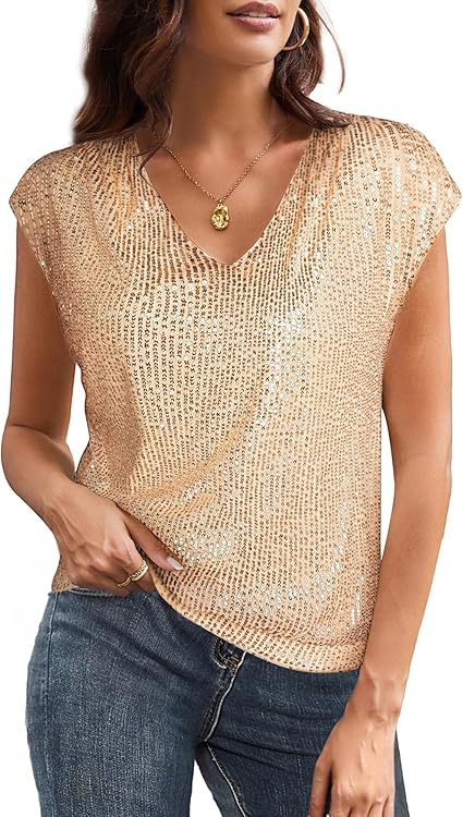 Damen Glitzerndes Oberteil mit V-Ausschnitt und lockerer Passform Drune