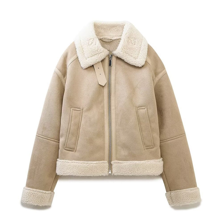 Damen Hochgeschnittene Pilotjacke aus veganer Lederoptik mit Teddyfutter und Reißverschluss Drune