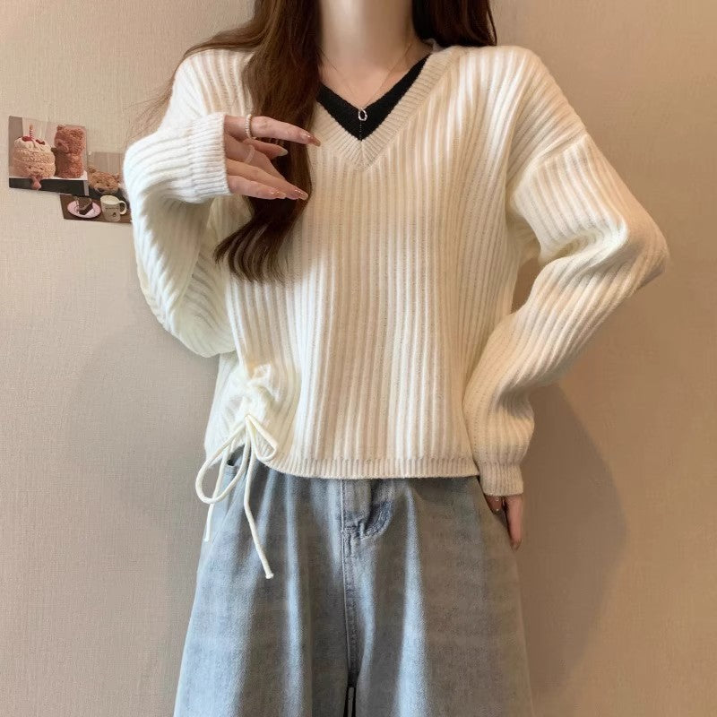 Damen lässiger V-Ausschnitt Pullover mit Rippstruktur und modischen Seitenschnüren Drune