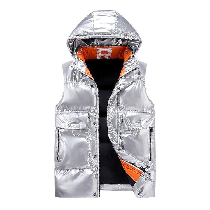 Herren wattierte Kapuzenweste im Metallic‑Look mit Utility‑Taschen Drune
