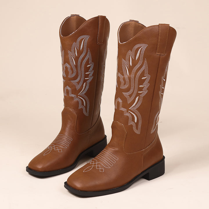 Damen Cowboystiefel mit mittelhohem Schaft, quadratischer Zehenpartie und dekorativer Stickerei Drune