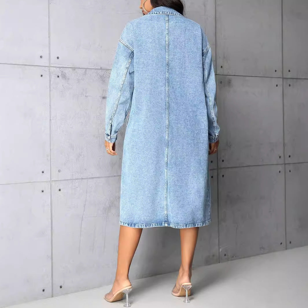 Damen Jeansjacke im長 Belichtungs-Vintage-Stil mit praktischen Taschen und Knopfleiste Drune