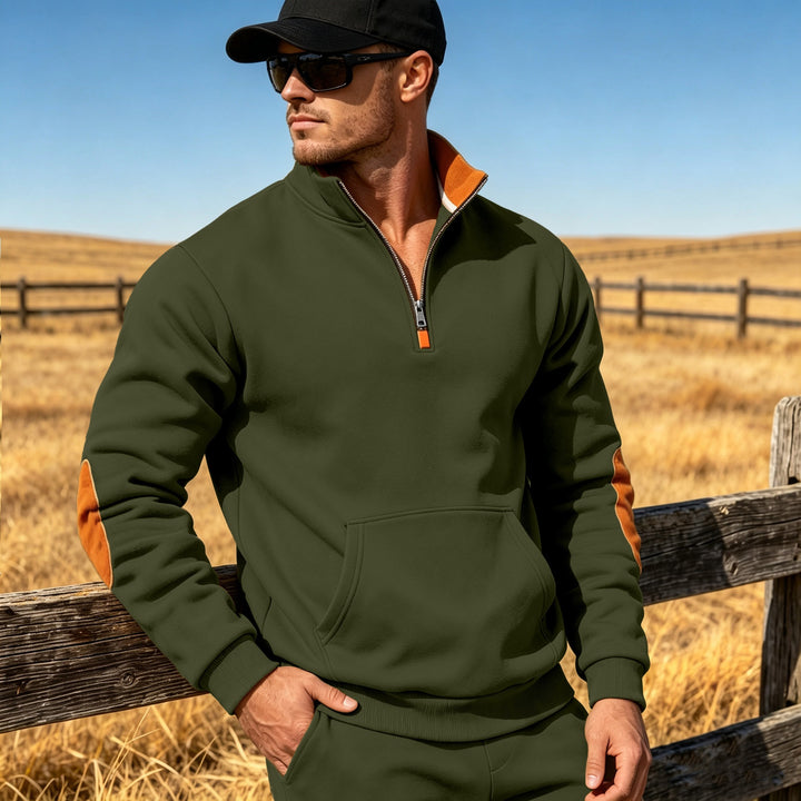 Herren Athletisches Halbzip-Sweatshirt mit Ellenbogenpatches und Kängurutasche Drune